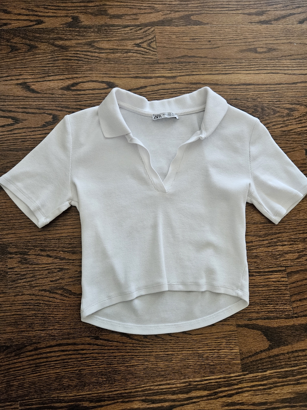 Zara White Ribbed Short Sleeve Polo Top